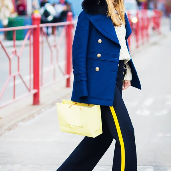 NWOT Influencer Olivia Palermo black wide-leg Joseph wool pants side stripe 34 2 - Picture 2 of 9